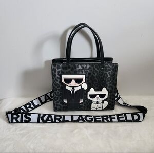Karl Lagerfeld Paris Black Gray Leopard Maybelle Satchel Crossbody Bag Purse